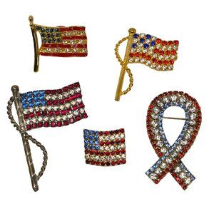 Lot of 5 Vintage Rhinestone Flag and Ribbon Pins Brooches Patriotic USA Jewelry